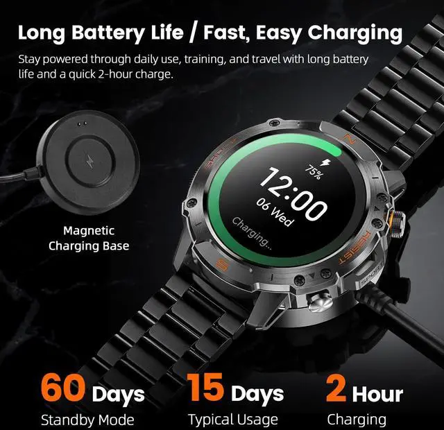 Alt view image 3 of 7 - Tactical Smart Watch for Men, Rugged 1.43" AMOLED Fitness Tracker | Bluetooth Calling, 5ATM Waterproof, 170+ Sports Modes, Heart Rate & SpO2 Monitor, Sleep Tracking, 2 Bands, Android & iPhone