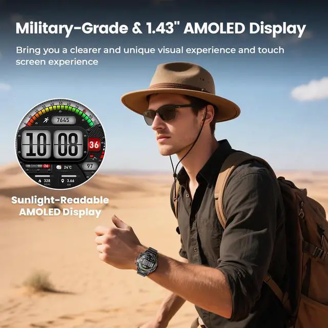 Alt view image 4 of 7 - Tactical Smart Watch for Men, Rugged 1.43" AMOLED Fitness Tracker | Bluetooth Calling, 5ATM Waterproof, 170+ Sports Modes, Heart Rate & SpO2 Monitor, Sleep Tracking, 2 Bands, Android & iPhone