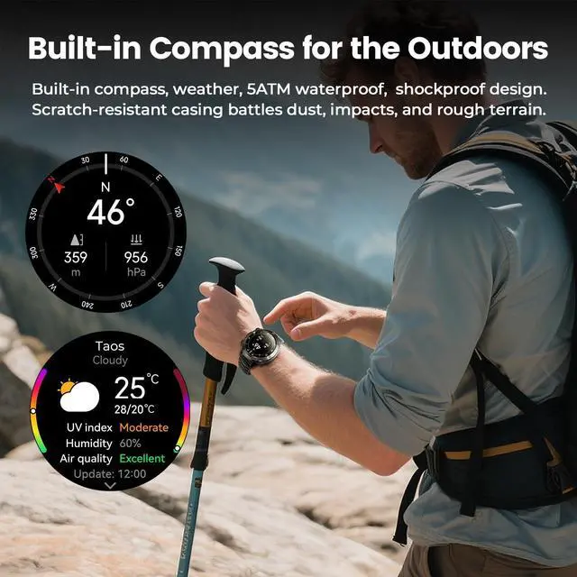 Alt view image 5 of 7 - Tactical Smart Watch for Men, Rugged 1.43" AMOLED Fitness Tracker | Bluetooth Calling, 5ATM Waterproof, 170+ Sports Modes, Heart Rate & SpO2 Monitor, Sleep Tracking, 2 Bands, Android & iPhone
