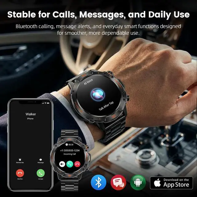 Alt view image 6 of 7 - Tactical Smart Watch for Men, Rugged 1.43" AMOLED Fitness Tracker | Bluetooth Calling, 5ATM Waterproof, 170+ Sports Modes, Heart Rate & SpO2 Monitor, Sleep Tracking, 2 Bands, Android & iPhone