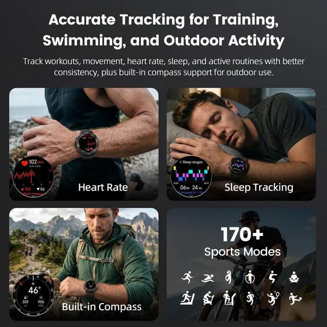 Alt view image 7 of 7 - Tactical Smart Watch for Men, Rugged 1.43" AMOLED Fitness Tracker | Bluetooth Calling, 5ATM Waterproof, 170+ Sports Modes, Heart Rate & SpO2 Monitor, Sleep Tracking, 2 Bands, Android & iPhone