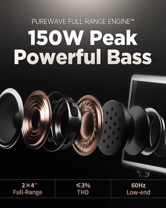 Alt view image 2 of 7 - Portable Bluetooth Speaker, 150W Peak Power Home Speaker with 56H Playtime | Leather-Inspired Design, Adjustable Bass & Treble, Bluetooth 5.4, Carrying Strap for Home, Outdoor, Camping & Parties