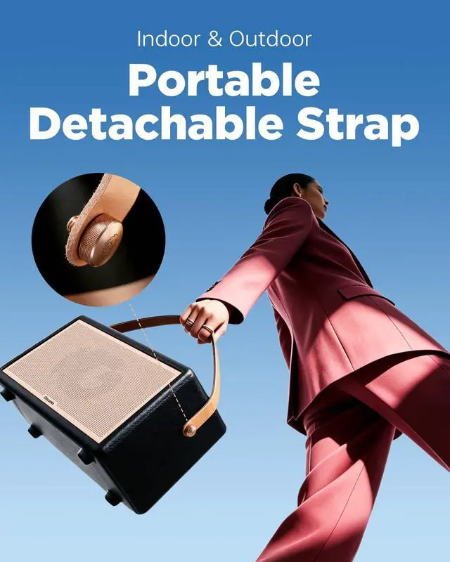 Alt view image 4 of 7 - Portable Bluetooth Speaker, 150W Peak Power Home Speaker with 56H Playtime | Leather-Inspired Design, Adjustable Bass & Treble, Bluetooth 5.4, Carrying Strap for Home, Outdoor, Camping & Parties