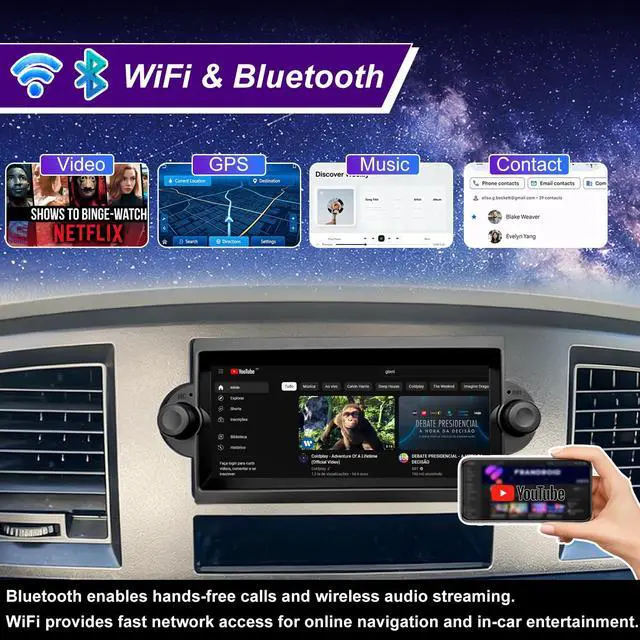 Alt view image 4 of 7 - 5GWiFi Radio for Dodge Ram 1500/2500/3500 2006-2008, Jeep Grand Cherokee 2005-2007, Compass Patriot 2007-2008, Dodge Durango Charger 6.86inch Touch Screen Stereo Wireless Carplay Android Auto GPS FM