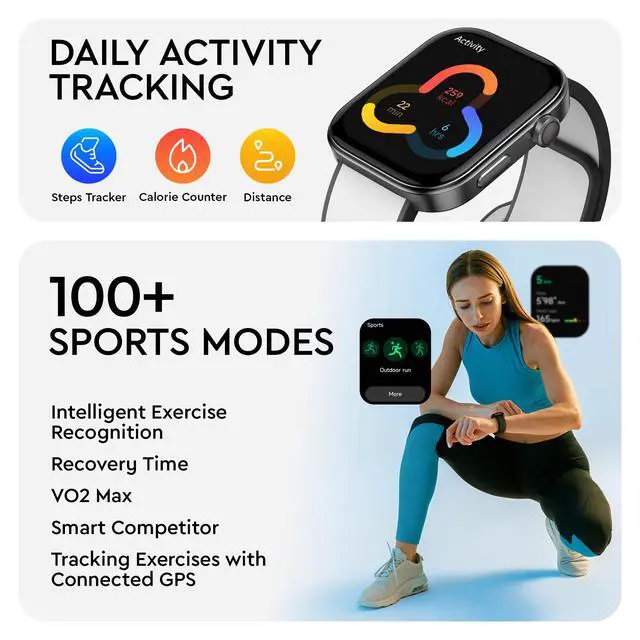 Alt view image 5 of 7 - Beyond VeryFit Smart Watch for Men Women 1.99" AMOLED Screen AI Voice 3ATM Fitness Tracker Watch Heart Rate/Blood Pressure/Oxygen Saturation/Stress/Step/Sleep Monitor (GTX12) (Black & Grey)