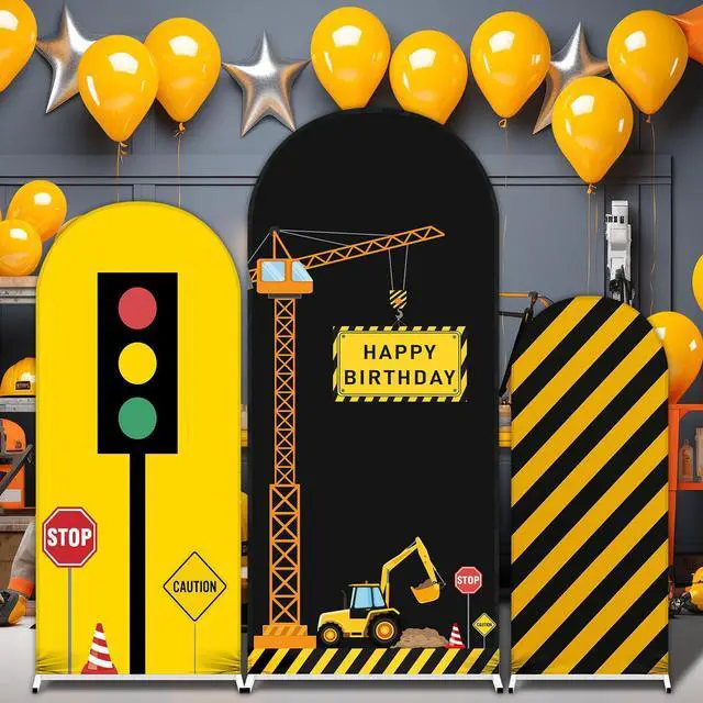Alt view image 4 of 6 - Construction Birthday Party Arch Cover Set of 3 Construction Arch Backdrop Spandex Stretch Backdrop Stand Cover 4ft, 5ft, 6ft (Traffic Light)