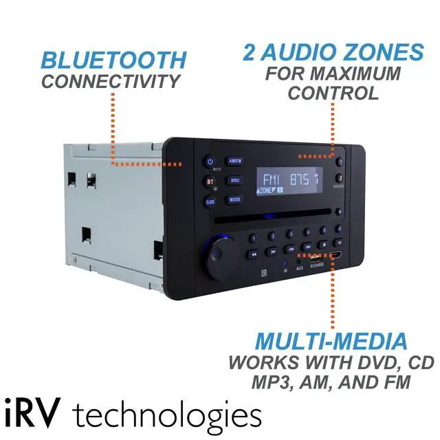 Alt view image 3 of 7 - IRV Technology iRV62 Wallmount RV Stereo with Bluetooth HDMI ARC, App Control, FM|AM|DVD|CD|MP4|App, NFC, USB Charging, Digital Surround Sound, Clock, 2-Speaker Zone, CEC Support