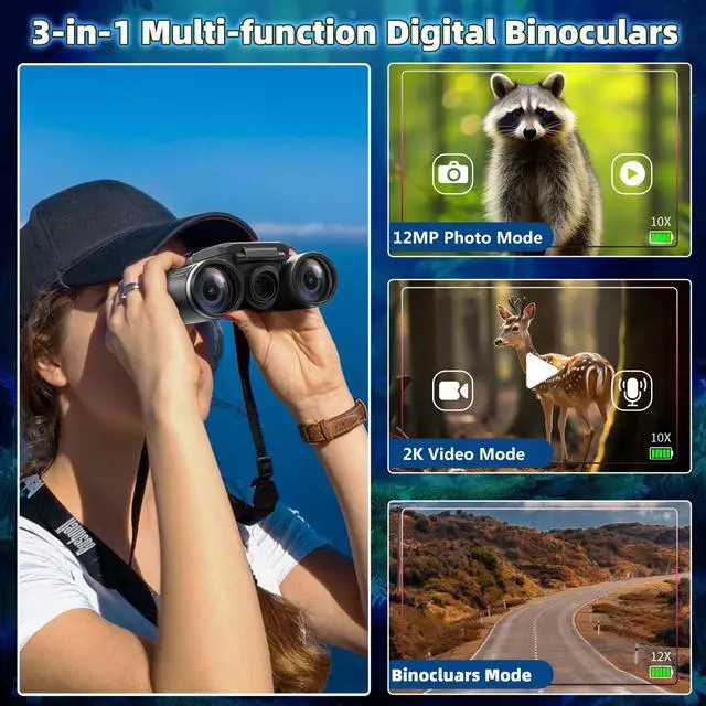 Alt view image 2 of 7 - 12x32 Binoculars for Adults, Digital Binoculars with Camera 48MP Photo 2.5K Video 2.4" LCD Display Screen with 32GB Micro SD Card for Bird Watching Hunting Football Concerts Theatre