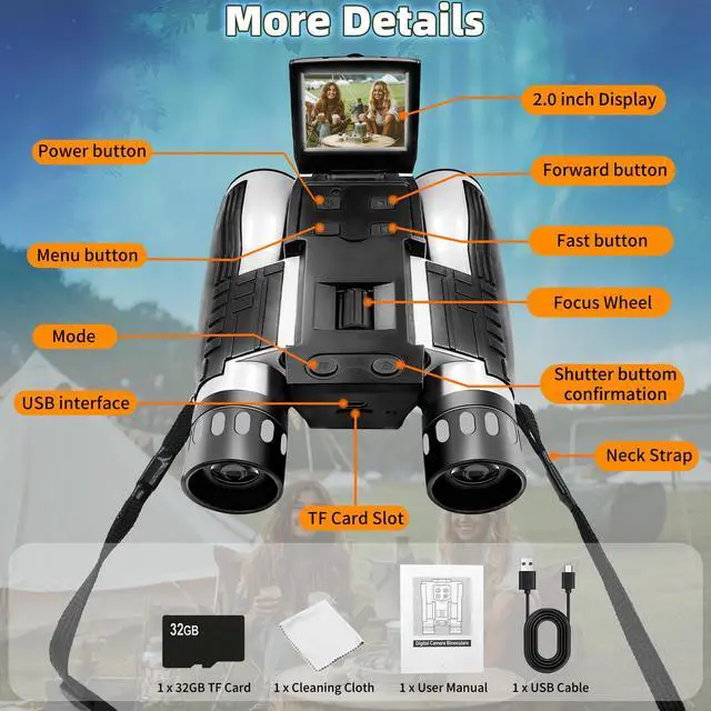 Alt view image 5 of 7 - 12x32 Binoculars for Adults, Digital Binoculars with Camera 48MP Photo 2.5K Video 2.4" LCD Display Screen with 32GB Micro SD Card for Bird Watching Hunting Football Concerts Theatre