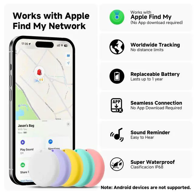 Alt view image 2 of 7 - JTD Air Tracker Tags 5 Pack for Find My, 2026 Upgraded with IP68 Waterproof Item Finder with Left-Behind Alert, Small Size 5 Colors for Keys, Luggage, Backpack, Wallet. iOS Only