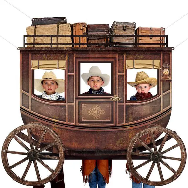 Main image of Western Cowboy Party Decorations Western Carriage Shaped Photo Backdrop West Theme Carriage Photo Booth Props Large Cowboy Rodeo Party Banner Supplies for Kids Adults Wild West Birthday Parties Decor