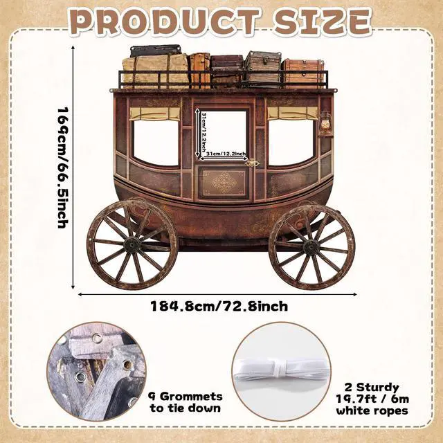 Alt view image 2 of 7 - Western Cowboy Party Decorations Western Carriage Shaped Photo Backdrop West Theme Carriage Photo Booth Props Large Cowboy Rodeo Party Banner Supplies for Kids Adults Wild West Birthday Parties Decor