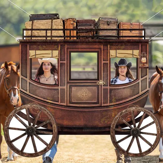 Alt view image 5 of 7 - Western Cowboy Party Decorations Western Carriage Shaped Photo Backdrop West Theme Carriage Photo Booth Props Large Cowboy Rodeo Party Banner Supplies for Kids Adults Wild West Birthday Parties Decor