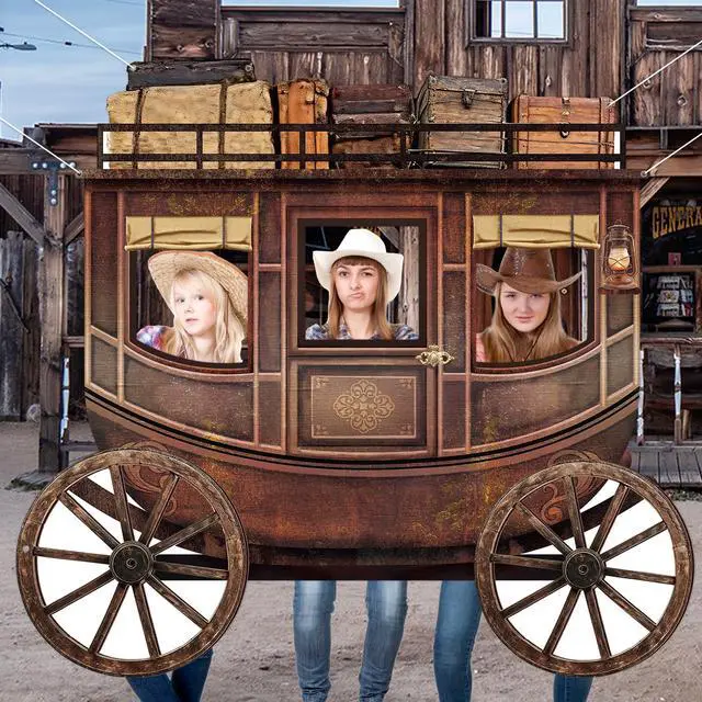 Alt view image 6 of 7 - Western Cowboy Party Decorations Western Carriage Shaped Photo Backdrop West Theme Carriage Photo Booth Props Large Cowboy Rodeo Party Banner Supplies for Kids Adults Wild West Birthday Parties Decor