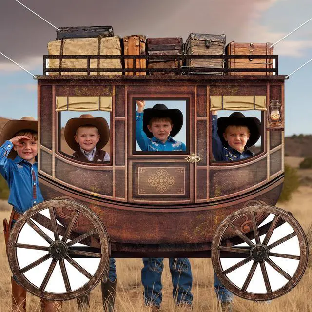 Alt view image 4 of 7 - Western Cowboy Party Decorations Western Carriage Shaped Photo Backdrop West Theme Carriage Photo Booth Props Large Cowboy Rodeo Party Banner Supplies for Kids Adults Wild West Birthday Parties Decor