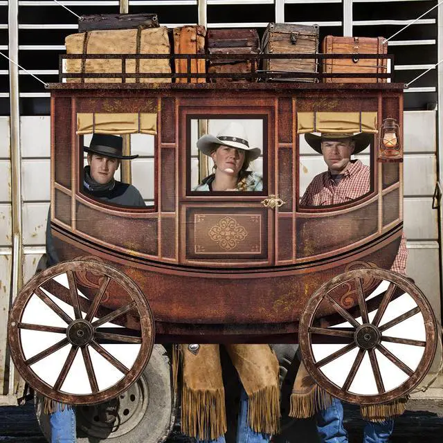 Alt view image 7 of 7 - Western Cowboy Party Decorations Western Carriage Shaped Photo Backdrop West Theme Carriage Photo Booth Props Large Cowboy Rodeo Party Banner Supplies for Kids Adults Wild West Birthday Parties Decor