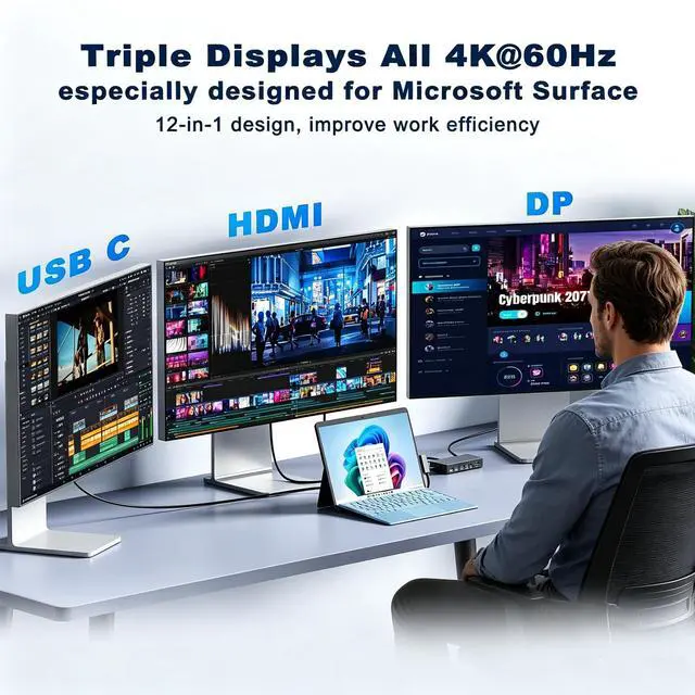 Alt view image 2 of 7 - Surface Docking Station Triple Displays 4K@60Hz Surface Dock 2 with 120W Adapter Travel Hub for Surface Pro 12/11/10/9/8/X/7+/7, Surface Laptop 7/6/5/4/3,Surface Go/Laptop Go 4/3/2/1,Book