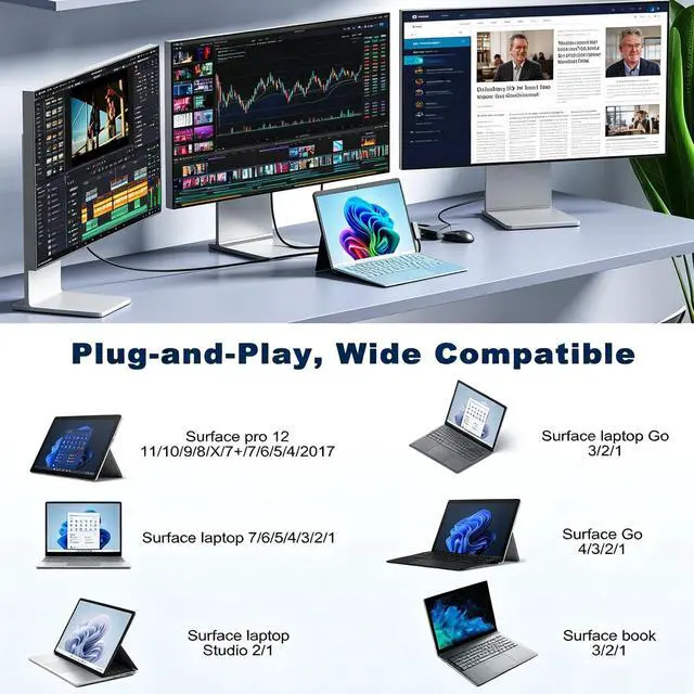 Alt view image 4 of 7 - Surface Docking Station Triple Displays 4K@60Hz Surface Dock 2 with 120W Adapter Travel Hub for Surface Pro 12/11/10/9/8/X/7+/7, Surface Laptop 7/6/5/4/3,Surface Go/Laptop Go 4/3/2/1,Book
