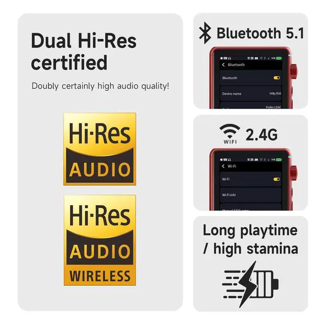 Alt view image 4 of 7 - Music R3 II 2025 Portable HiFi MP3 Player, Native DSD256 MQA 16X, Hi-Res Certified, Bluetooth 5.1 WiFi, Tidal Qobuz, 3.5mm & 4.4mm 340mW, USB-C, 3.2" Touchscreen, 2TB TF Card Support