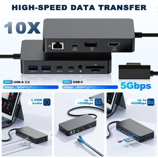 Alt view image 6 of 7 - Surface Docking Station Triple Displays 4K@60Hz Surface Dock 2 with 120W Adapter Travel Hub for Surface Pro 12/11/10/9/8/X/7+/7, Surface Laptop 7/6/5/4/3,Surface Go/Laptop Go 4/3/2/1,Book