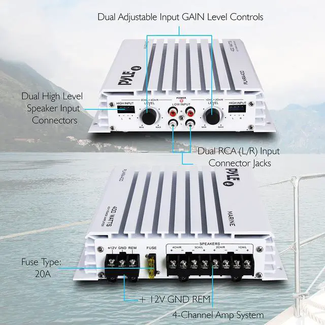 Alt view image 5 of 7 - 4-Channel Marine Amplifier - 400W Elite Hydra Series Water Resistant Amplifier with Dual MOSFET Power Supply, RCA Connectivity with Level Control, LED Indicator, Fuse Protection - PLMRA400.5