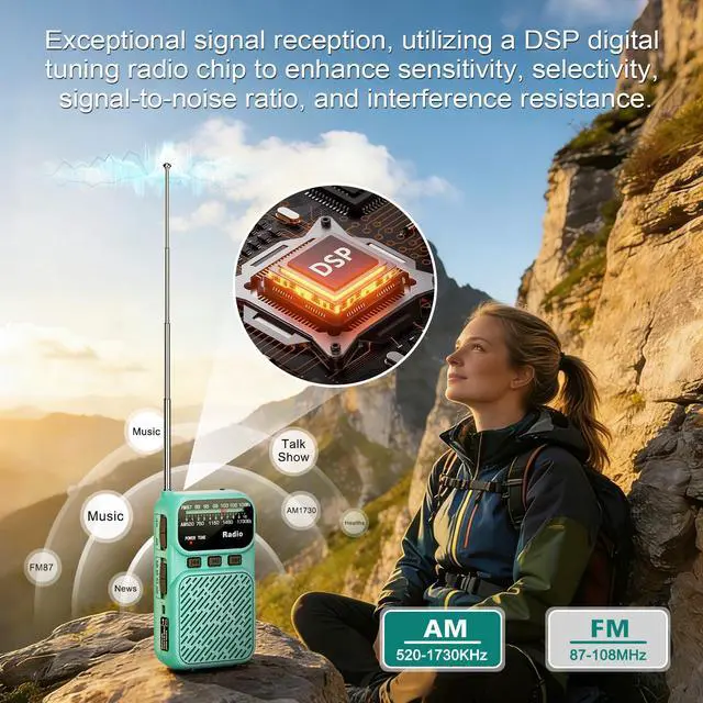 Alt view image 2 of 7 - Portable Radio AM FM, Battery Operated Pocket Radio for Gift, Elder | Best Reception Transistor Small Radios, with Bluetooth/Flashlight/Headphone Jack, USB-C Rechargeable or 3AAA Battery