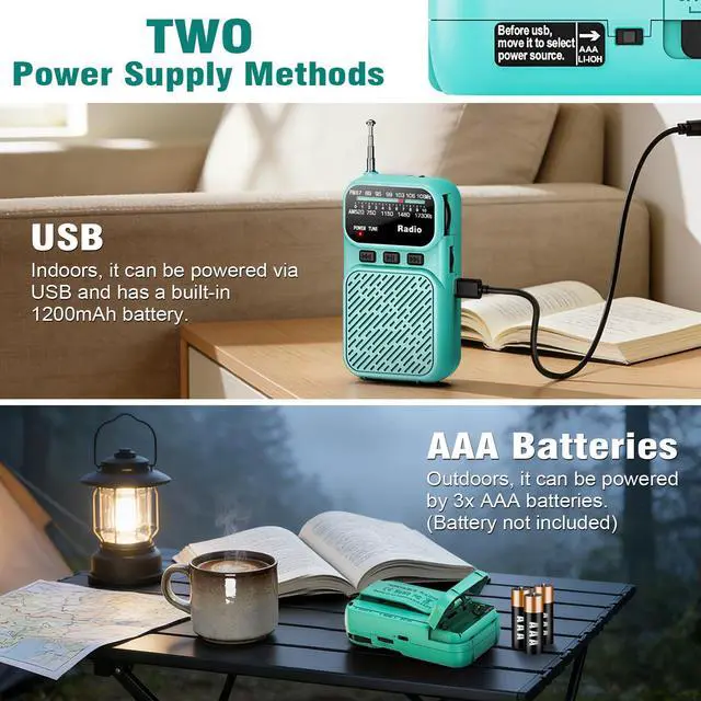 Alt view image 7 of 7 - Portable Radio AM FM, Battery Operated Pocket Radio for Gift, Elder | Best Reception Transistor Small Radios, with Bluetooth/Flashlight/Headphone Jack, USB-C Rechargeable or 3AAA Battery