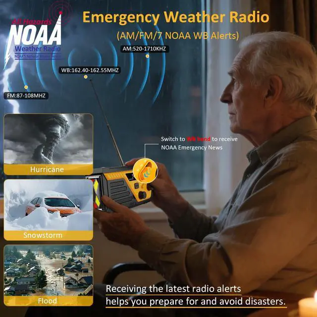 Alt view image 3 of 7 - Emergency Radio with 4 Charging Cables, 22000mWh AM FM NOAA Weather Radio | Hand Crank Radio Flashlight Reading Lamp SOS Alarm Power Outage Phone Charger for Home Outdoor Emergencies