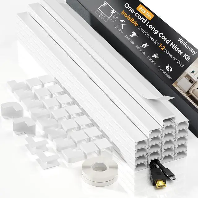 Main image of Cord Hider, 283.5in Cord Covers for 1-2 Wires on Wall, Paintable Wire Hider Wire Covers for Cords on Walls, Easy Set-up Cable Hider Cable Raceway to Hide Wires along Wall, W0.59 H0.4in, White
