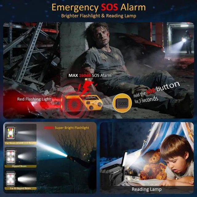Alt view image 5 of 7 - Emergency Radio with 4 Charging Cables, 22000mWh AM FM NOAA Weather Radio | Hand Crank Radio Flashlight Reading Lamp SOS Alarm Power Outage Phone Charger for Home Outdoor Emergencies