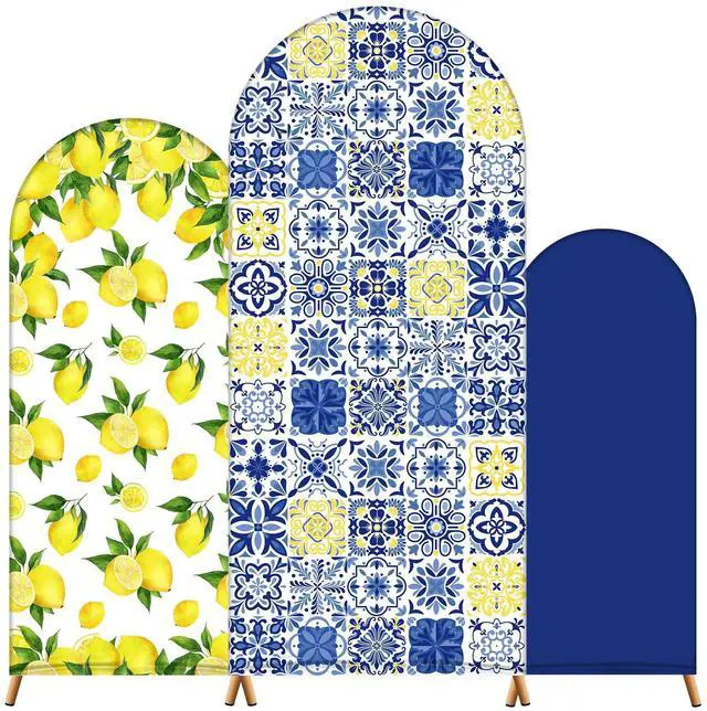 Main image of Set of 3 Amalfi Coast Wedding Arch Backdrop Cover, 4ft, 5ft, 6ft Mediterranean Blue Tiles Lemon Birthday Party Decoration, Spandex Arch Stand Covers, Stands Not Included(Classic Style)