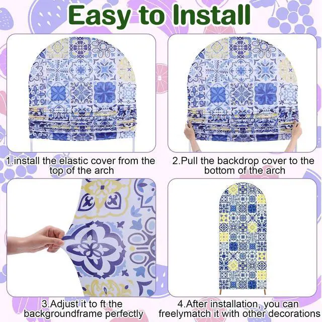 Alt view image 3 of 7 - Set of 3 Amalfi Coast Wedding Arch Backdrop Cover, 4ft, 5ft, 6ft Mediterranean Blue Tiles Lemon Birthday Party Decoration, Spandex Arch Stand Covers, Stands Not Included(Classic Style)