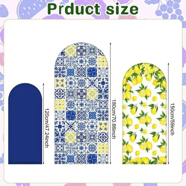 Alt view image 4 of 7 - Set of 3 Amalfi Coast Wedding Arch Backdrop Cover, 4ft, 5ft, 6ft Mediterranean Blue Tiles Lemon Birthday Party Decoration, Spandex Arch Stand Covers, Stands Not Included(Classic Style)