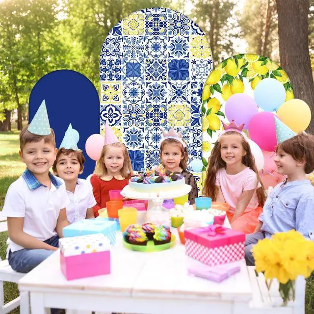 Alt view image 6 of 7 - Set of 3 Amalfi Coast Wedding Arch Backdrop Cover, 4ft, 5ft, 6ft Mediterranean Blue Tiles Lemon Birthday Party Decoration, Spandex Arch Stand Covers, Stands Not Included(Classic Style)
