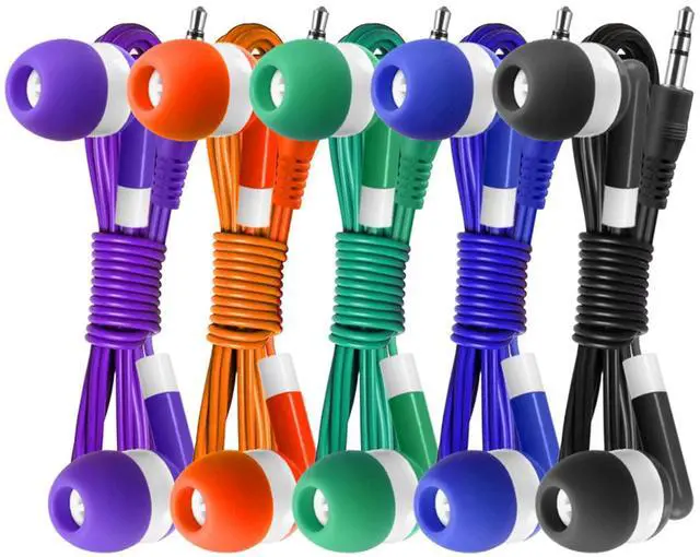 Main image of 100 Pack Bulk Earbuds Headphones Assorted 5 Colors Individually Wrapped Disposable Earphones for Classroom, School, Library, Hospital, Students, Kids - 3.5mm Jack Tangle-Free
