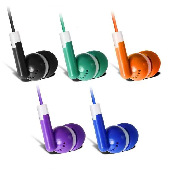 Alt view image 2 of 7 - 100 Pack Bulk Earbuds Headphones Assorted 5 Colors Individually Wrapped Disposable Earphones for Classroom, School, Library, Hospital, Students, Kids - 3.5mm Jack Tangle-Free