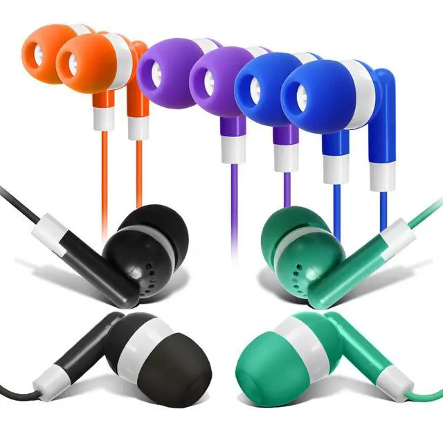 Alt view image 3 of 7 - 100 Pack Bulk Earbuds Headphones Assorted 5 Colors Individually Wrapped Disposable Earphones for Classroom, School, Library, Hospital, Students, Kids - 3.5mm Jack Tangle-Free