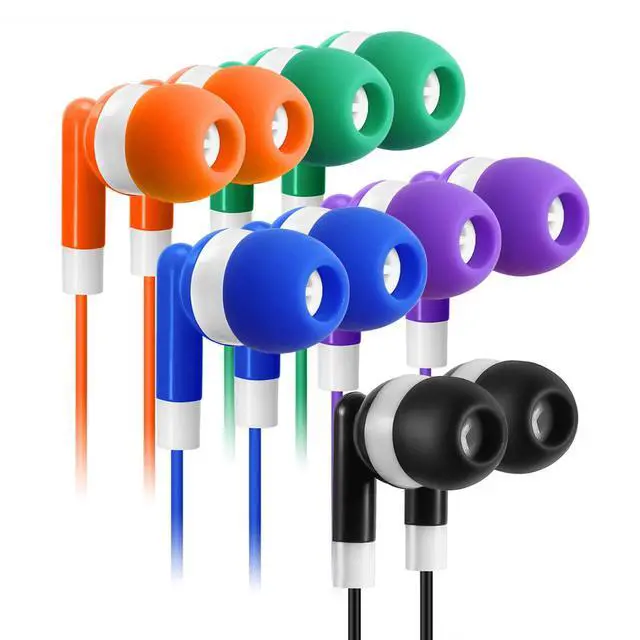 Alt view image 5 of 7 - 100 Pack Bulk Earbuds Headphones Assorted 5 Colors Individually Wrapped Disposable Earphones for Classroom, School, Library, Hospital, Students, Kids - 3.5mm Jack Tangle-Free