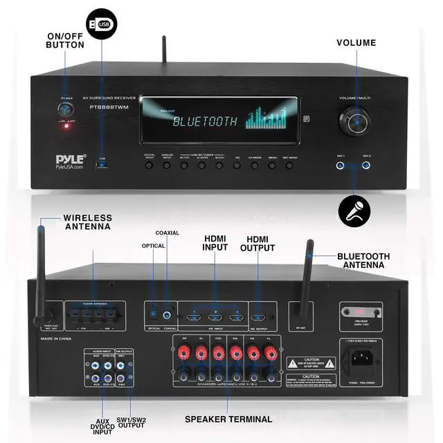 Alt view image 2 of 7 - 1000W Bluetooth Home Theater Karaoke Receiver - 5.2-Ch Stereo Amplifier 2 UHF Wireless Microphone Video Pass-Through Supports, MP3/USB/HDMI/AM/FM Radio - PT888BTWM.5