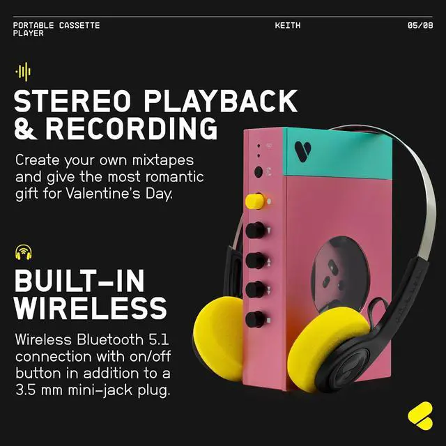 Alt view image 5 of 7 - Portable Cassette Player - Cassette Tape Recorder with Bluetooth Connection Speaker or Headphones, 3.5mm Audio Cable - (Edith, Pink & Green)
