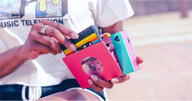 Alt view image 7 of 7 - Portable Cassette Player - Cassette Tape Recorder with Bluetooth Connection Speaker or Headphones, 3.5mm Audio Cable - (Edith, Pink & Green)