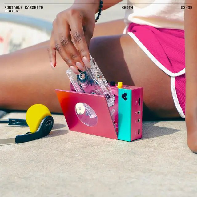 Alt view image 6 of 7 - Portable Cassette Player - Cassette Tape Recorder with Bluetooth Connection Speaker or Headphones, 3.5mm Audio Cable - (Edith, Pink & Green)