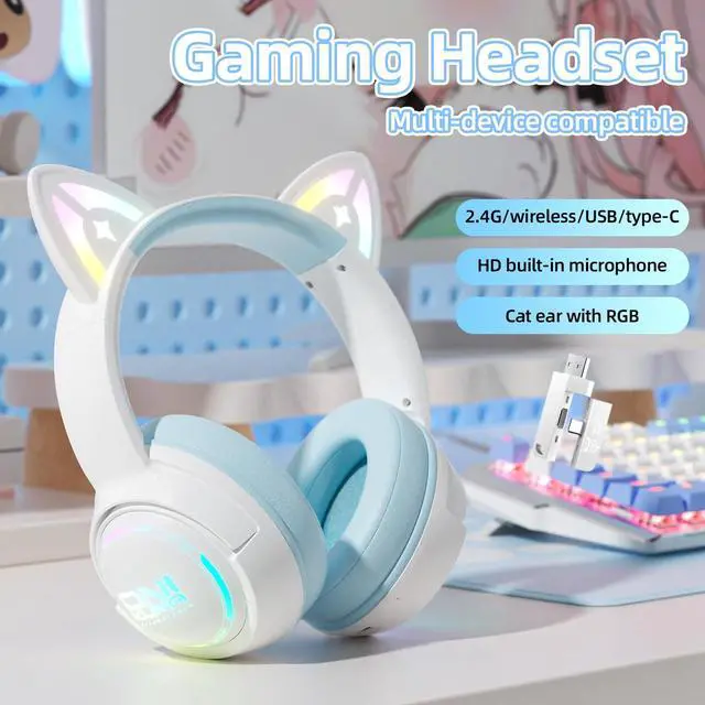 Alt view image 2 of 7 - Wireless Cat Ear Gaming Headset with RGB Lights Tri-Mode (2.4G Wireless/Bluetooth/Wired) Over-Ear Headphones with Mic, 50mm Drivers, Low Latency, Long Battery, Type-C Fast Charging (Blue)