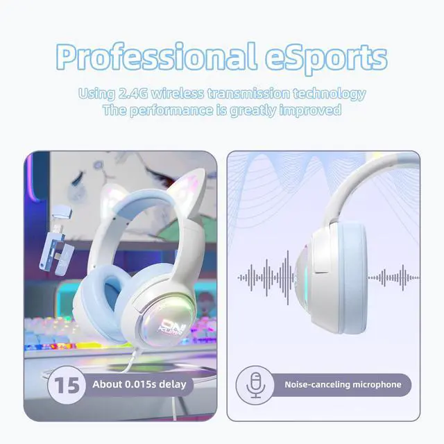 Alt view image 4 of 7 - Wireless Cat Ear Gaming Headset with RGB Lights Tri-Mode (2.4G Wireless/Bluetooth/Wired) Over-Ear Headphones with Mic, 50mm Drivers, Low Latency, Long Battery, Type-C Fast Charging (Blue)
