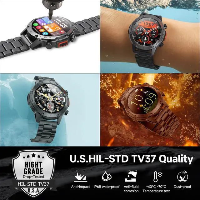 Alt view image 2 of 7 - Smart Watches for Men Military Rugged Men Smartwatch Stainless Steel Body | IP68 Waterproof, 30-Day Standby, Answer/Make Calls, 1.43" HD Screen, Android & iOS, 2 Bands