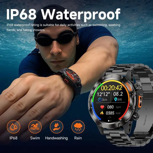 Alt view image 3 of 7 - Smart Watches for Men Military Rugged Men Smartwatch Stainless Steel Body | IP68 Waterproof, 30-Day Standby, Answer/Make Calls, 1.43" HD Screen, Android & iOS, 2 Bands
