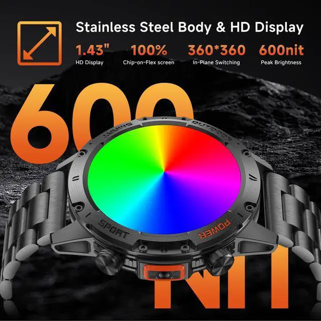 Alt view image 6 of 7 - Smart Watches for Men Military Rugged Men Smartwatch Stainless Steel Body | IP68 Waterproof, 30-Day Standby, Answer/Make Calls, 1.43" HD Screen, Android & iOS, 2 Bands