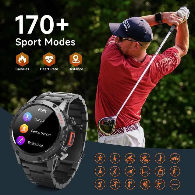 Alt view image 7 of 7 - Smart Watches for Men Military Rugged Men Smartwatch Stainless Steel Body | IP68 Waterproof, 30-Day Standby, Answer/Make Calls, 1.43" HD Screen, Android & iOS, 2 Bands