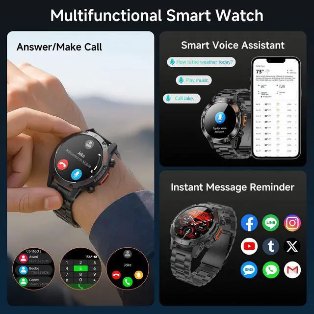 Alt view image 5 of 7 - Smart Watches for Men Military Rugged Men Smartwatch Stainless Steel Body | IP68 Waterproof, 30-Day Standby, Answer/Make Calls, 1.43" HD Screen, Android & iOS, 2 Bands