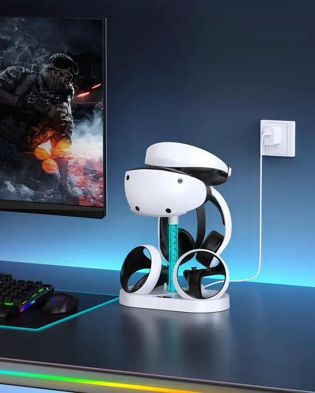 Alt view image 2 of 7 - RGB Charging Stand & Storage Station for PlayStation VR2 - White | Fast PS5 VR2 Controller Charger Dock, Multifunctional Charging Station for PSVR2 Headset Accessories, 10 RGB Light of Memory